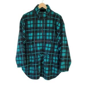 CHM Design Vintage Green Black Plaid Fleece Pullover Quarter Zip Women Size L